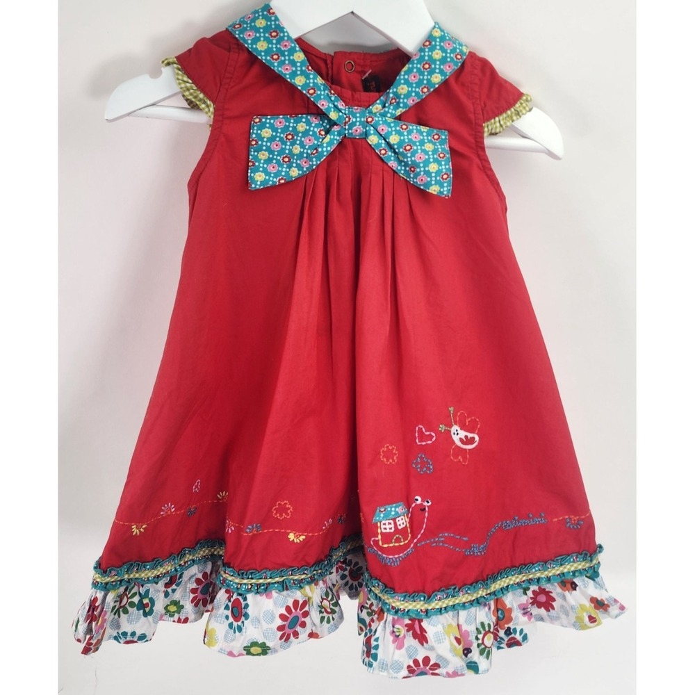 Catimini Dress Baby 18M Red Floral Whimsical Embroidery Bow Ruffle Hem France